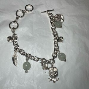 Silver Tone and Green Stone Charm Bracelet with Toggle Closure